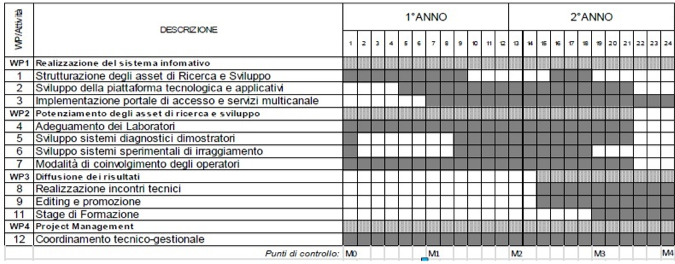Cronoprogramma del progetto CO.B.RA (da presentazione di Roberta Fantoni “I° Workshop Progetto COBRA: tecnologie Enea per i Beni Culturali mature per il trasferimento tecnologico”)