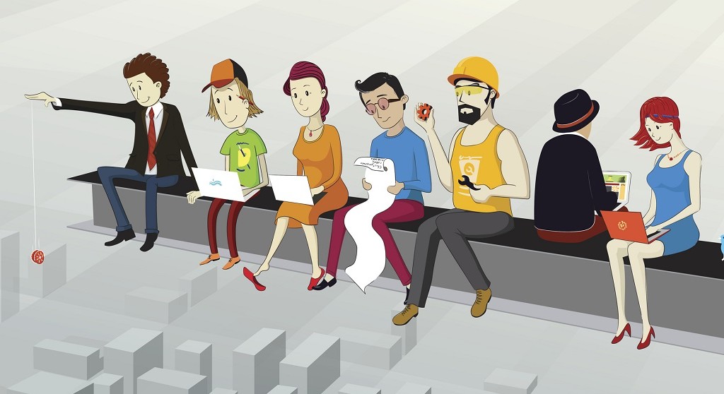 Office workers on skyscraper
