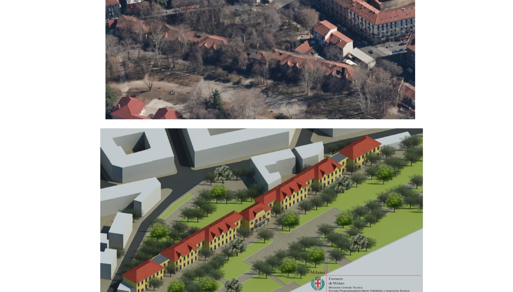 (a) Stato attuale “Parco Trotter” – area degradata (immagini Tecnostrutture) (b) Progetto di riqualificazione “Parco Trotter” (immagini Tecnostrutture)