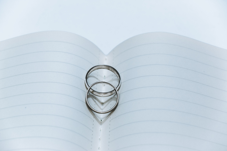 Heart shadow of Wedding Ring on center notebook