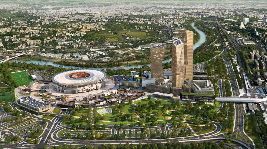 Render dell'inserimento dello stadio della Roma nel sito di Tor di Valle. In questa versione sono ancora presenti le torri (fonte: Asroma)