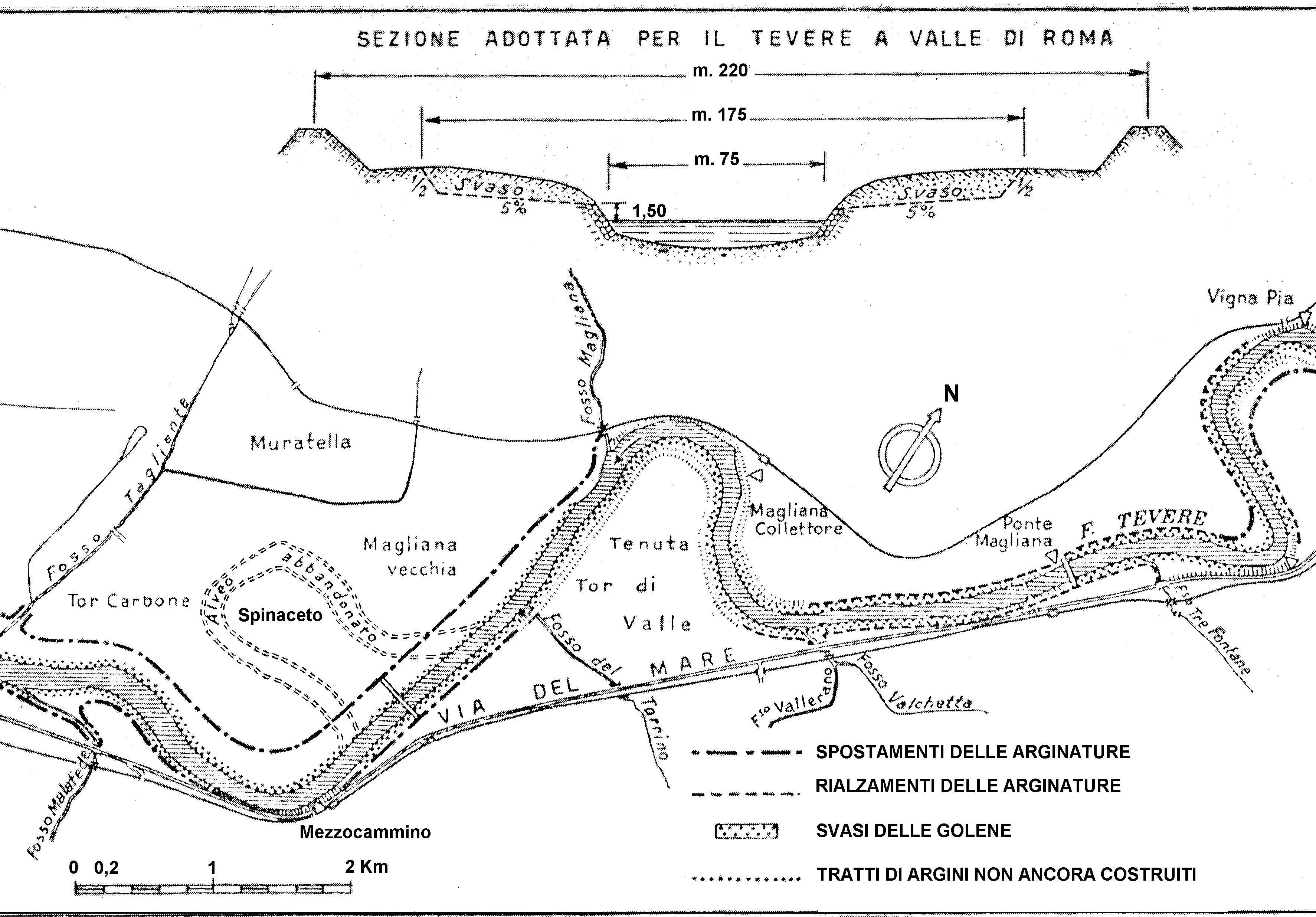 Il meandro di Tor di Valle e il drizzagno di Spinaceto. Il Fosso di Vallerano in sinistra idrografica del Tevere (Fonte: Frosini, 1977, modificato).