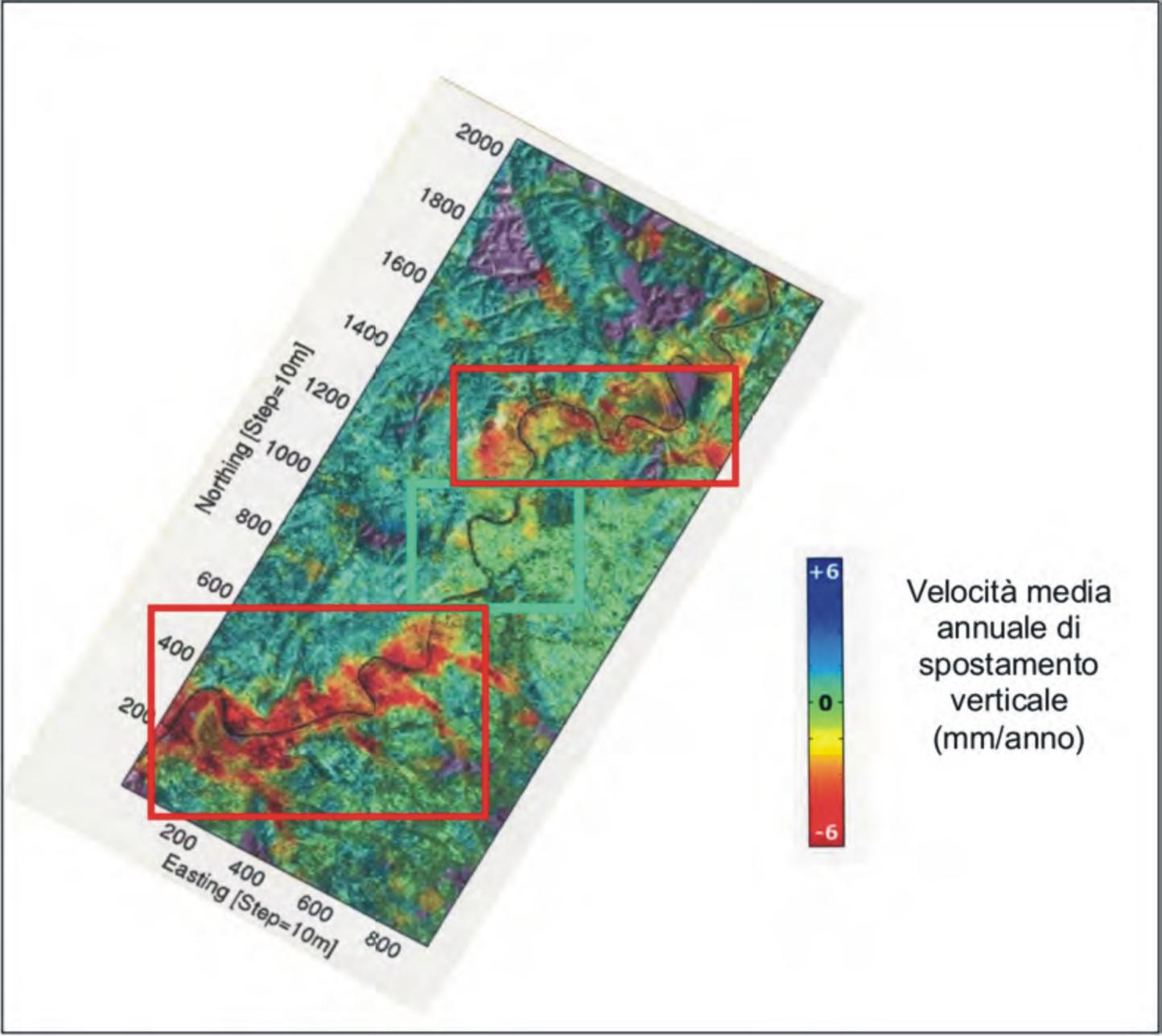 Il meandro nella parte inferiore della immagine è quello in esame. Come si nota, la velocità di subsidenza indicata dai rilevi interferometrici satellitari è pari ad almeno 3-4 mm/anno (Fonte: Campolunghi ed altri, 2008).
