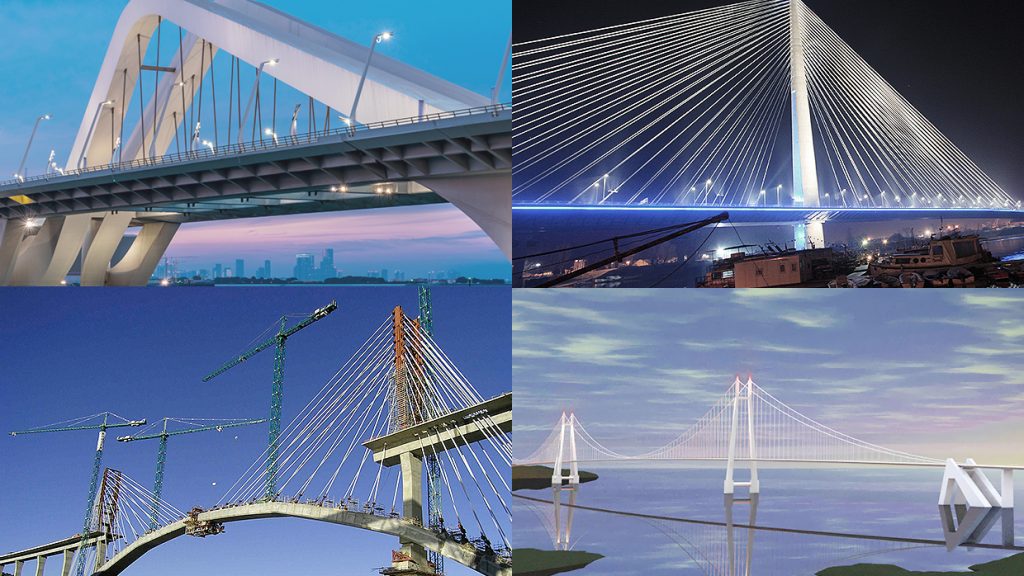 Progetti di ponti elaborati da BTG IT & Consulting (da sinistra a destra): Ponte dello Sceicco Zayed, EAU (per gentile concessione di Rendel Limited, Regno Unito); Ponte Ada sulla Sava, Serbia (per gentile concessione di Ponting Consulting Engineers Ltd., Slovenia); Viadotto sull’Embalse de Contreras, Spagna (per gentile concessione di EIPSA, S.A. SENER, Spagna); Ponte galleggiante del Björnafjorden, Norvegia (per gentile concessione di Statens Vegvesen, Norvegia). Copyright: BTG IT & Consulting.