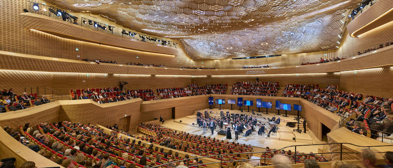 Pareti e soffitti interni dell’Auditorium sono rivestiti da una varietà di superfici in legno, carta e cartone che creano un ambiente caldo e organico © Didier Boy De La Tour