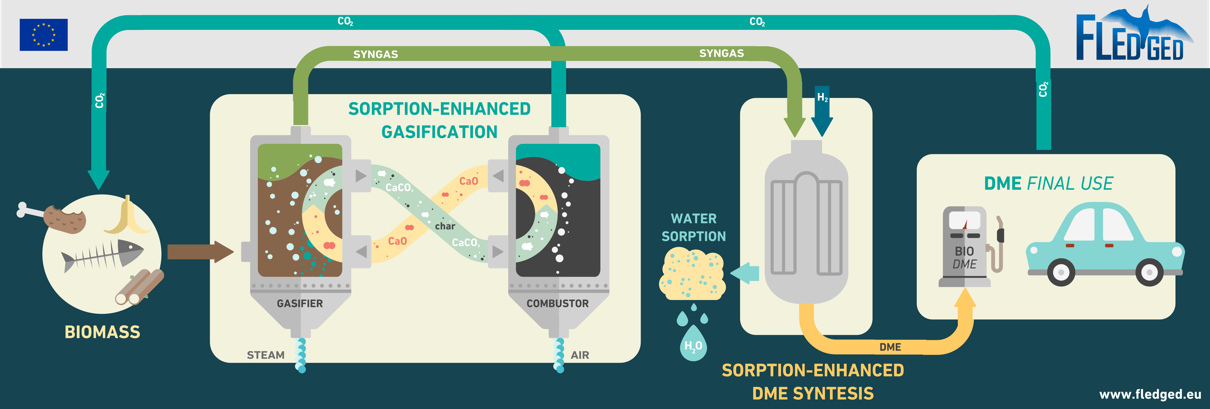 Il concept del progetto FLEDGED: dalla biomassa al biocombustibile tramite un processo reso più efficiente dall’uso di sorbenti