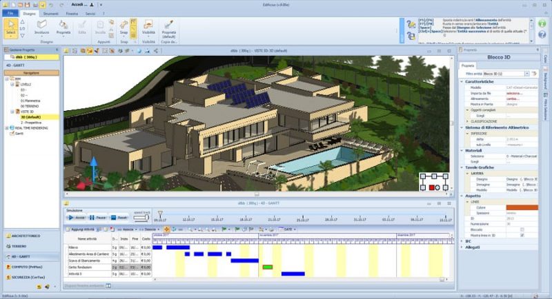 Modellazione BIM 4D. Si evidenzia la timeline relativa alla pianificazione e alla evoluzione temporale del modello BIM