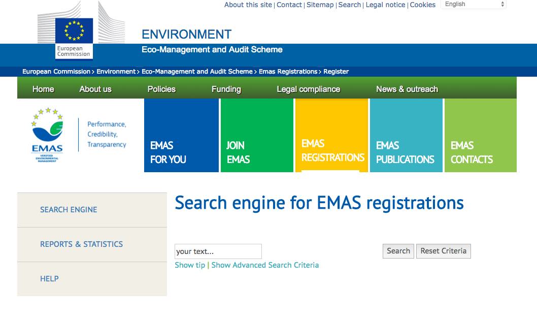 Il sito europeo Emas per la registrazione