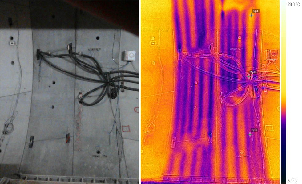Fotografia dei conci energetici installati in galleria confrontata con una foto termica dalla quale si vedono chiaramente le temperature nella serpentina che trasporta il fluido termovettore
