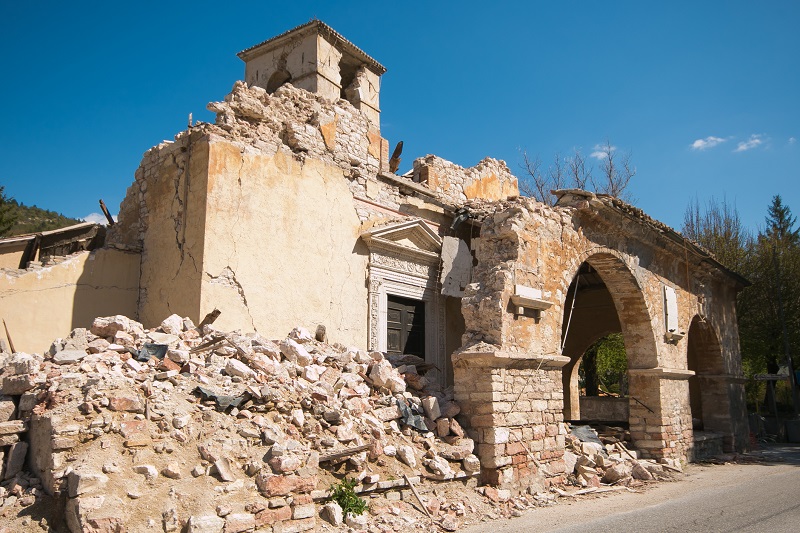 Veduta delle macerie a Visso, piccolo comune del Maceratese, colpito dal terremoto nel 2016