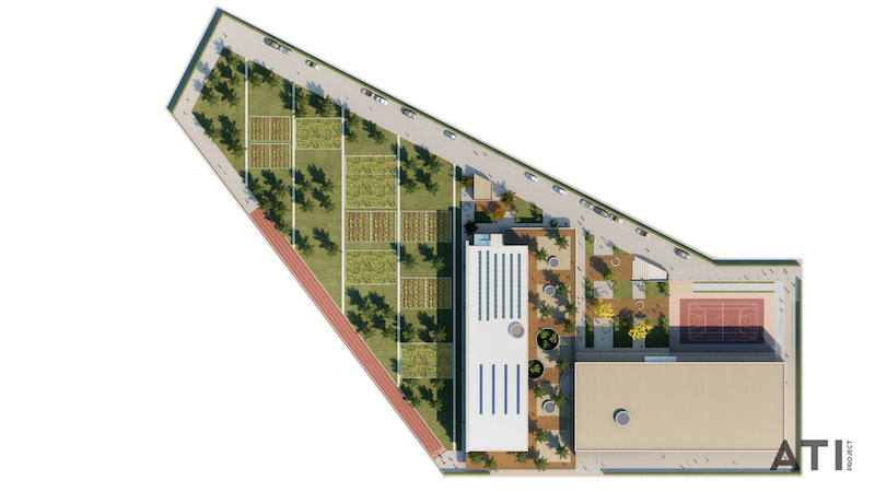 Scuola media via Strozzi, Milano - vista dall’alto, planivolumetrico © ATIproject