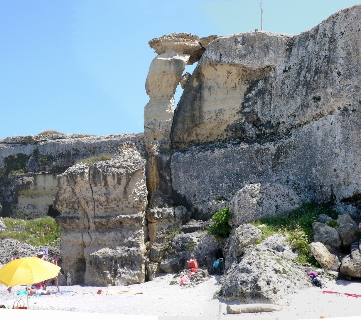 Fig. 6 Frequentazione umana al piede di una falesia con evidenti segni di pericolosità, malgrado un segnale (parzialmente coperto, sulla sinistra) di interdizione alla frequentazione (Torre dell’Orso, Lecce).