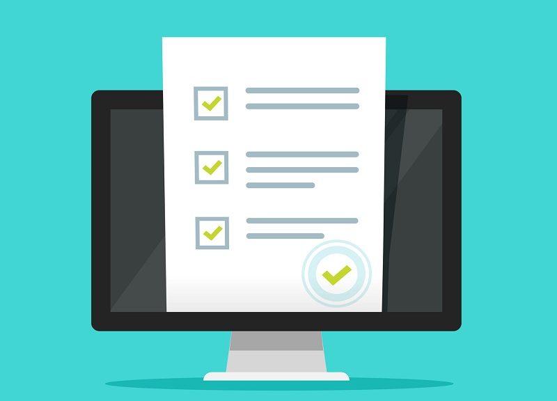 Online form survey on pc computer vector illustration, flat cartoon design monitor display showing quiz exam paper sheet document, concept of electronic voting on internet, web learning