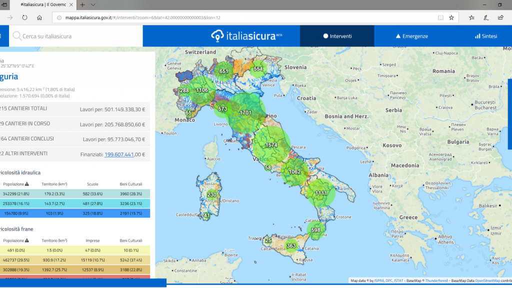 Consultazione Mappe Cantieri Italia Sicura: individuazione degli interventi per ciascuna regione, ad esempio Liguria