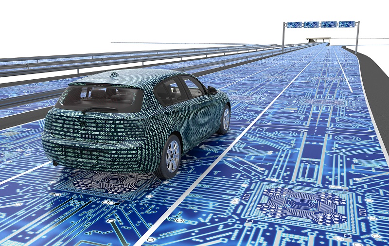 self driving electronic computer car on road