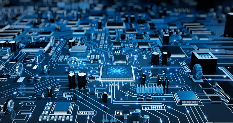 Futuristic Circuit Board. Blue with electrons.