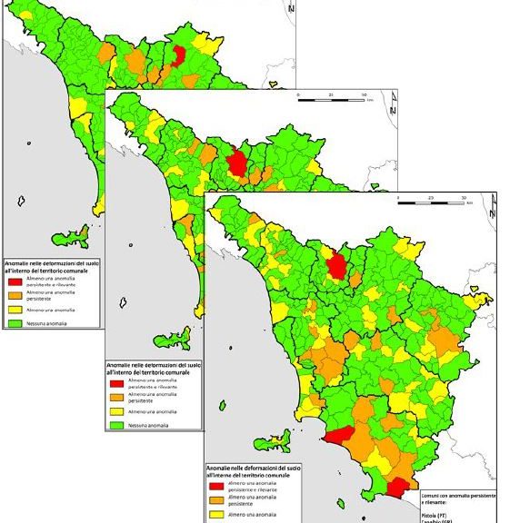 Restituzione del prodotto “Monitoring” aggregata a livello comunale: in verde i Comuni privi di anomalie, giallo riscontrata almeno un’anomalia, arancione indica la presenza di un’anomalia persistenze, rosso la persistenza di un’anomalia rilevante.